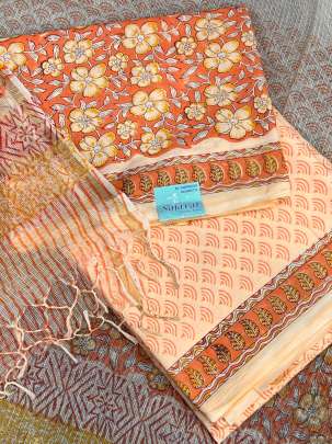 Cotton handblocked suitpieces with handblocked print kota duppata - Orange/