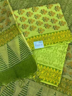 Cotton handblocked suitpieces with handblocked print kota duppata - Parrot Green/ 