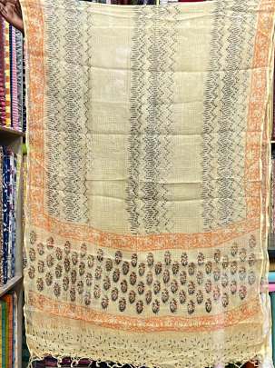 Cotton handblocked suitpieces with handblocked print kota duppata - Cream/ 