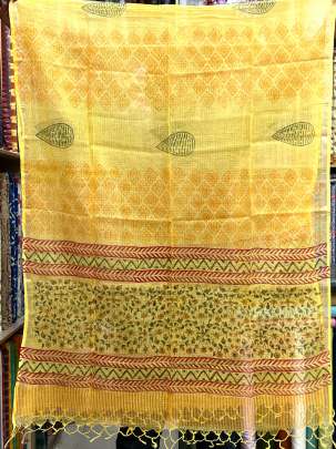 Cotton handblocked suitpieces with handblocked print kota duppata - Yellow/ 