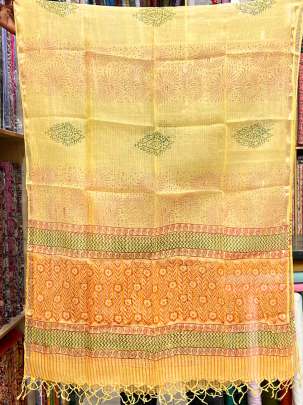 Cotton handblocked suitpieces with handblocked print kota duppata - Yellow/ 