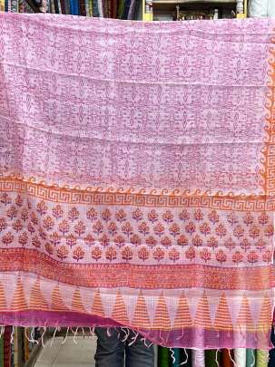 Cotton handblocked suitpieces with handblocked print kota duppata - Pink/ 