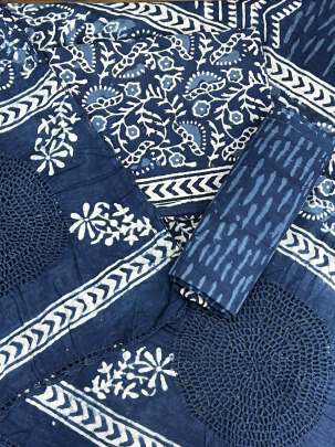 Dhabu handblocked print suitpiece with mal cut work duppata - Indigo blue/ 