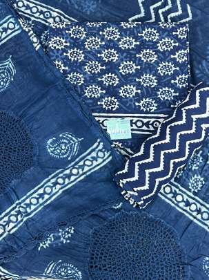 Dhabu handblocked print suitpiece with mal cut work duppata - Indigo blue/ 