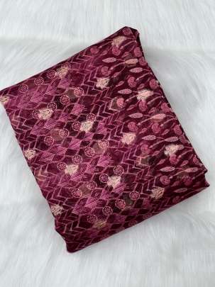 Digital print pure chanderi with golden zari butti fabric  - Wine/ 