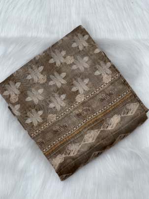 Digital print pure chanderi with golden zari butti fabric  - Light Brown/ Pure Banarasi fabrics