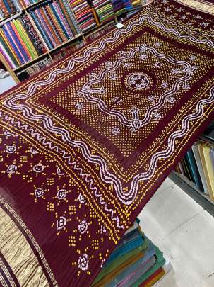 Gaji Silk Bandhej Duppata With Lagdi Patta Border - Dark Maroon/ Bandhej duppatas & Stoles