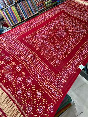 Gaji Silk Bandhej Duppata With Lagdi Patta Border - Red/ Bandhej duppatas & Stoles