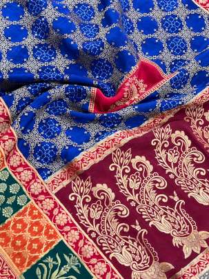 Gaji Silk Banndhej Duppata With Banarasi Border Royal Blue/ 