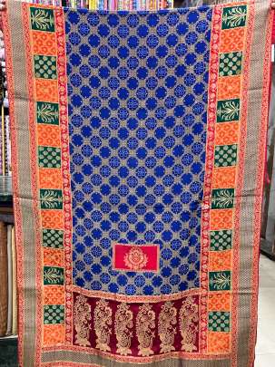 Gaji Silk Banndhej Duppata With Banarasi Border Royal Blue/ Banarasi Duppatas 