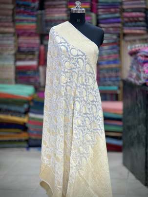 Georgette with golden banarasi zari jal work - White ( Dyeable ) 