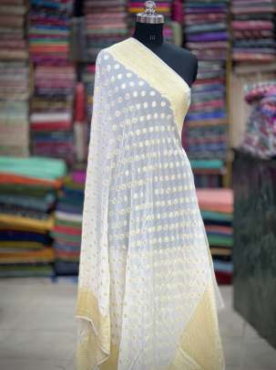 Georgette with golden banarasi zari jal work - White ( Dyeable ) 