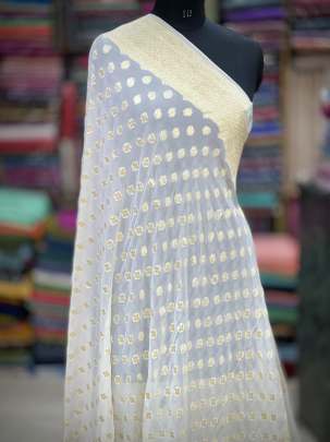 Georgette with golden banarasi zari jal work - White ( Dyeable ) Banarasi Duppatas 