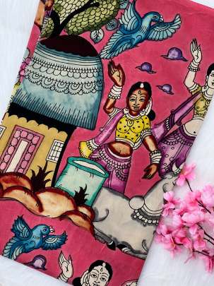 Hand painted kalamkari fabric - Cherry Red/ 