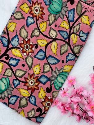 Hand painted kalamkari fabric - Peach/ Traditional silk prints 