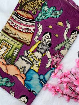 Hand painted kalamkari fabric - Magenta/ Traditional silk prints 