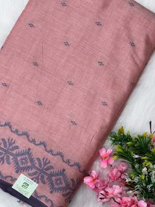 Handloom jamdani fabric with woven motifs design - Peach/ Handloom jamdani