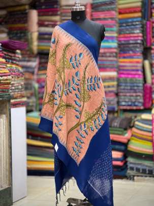 Ikkat with hand-painted kalamkari duppata - Peach/