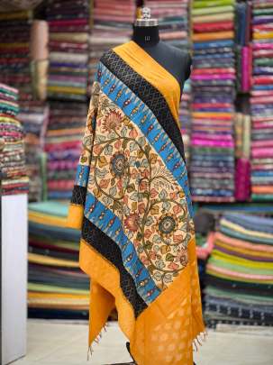 Ikkat with hand-painted kalamkari duppata - Mustard yellow/ Traditional duppatas & stoles