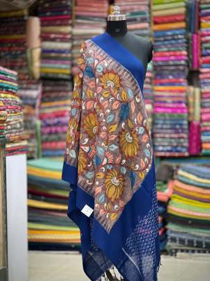 Ikkat with hand-painted kalamkari duppata - Grey/ Traditional duppatas & stoles