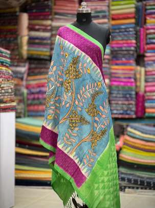 Ikkat with hand-painted kalamkari duppata - Sky Blue/ Traditional duppatas & stoles