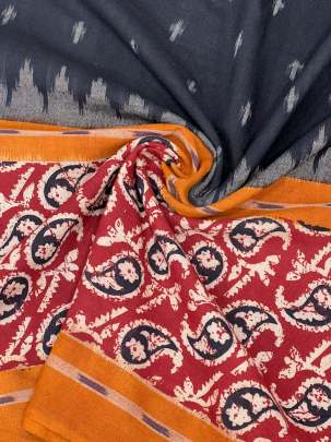 Ikkat with kalamkari border - Black/ Ikkat cotton 