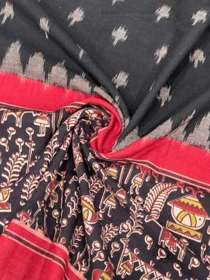 Ikkat with kalamkari border - Black/ 