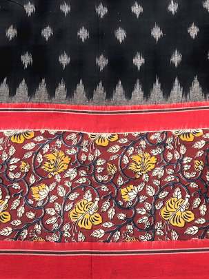 Ikkat with kalamkari border - Black/ Ikkat cotton 