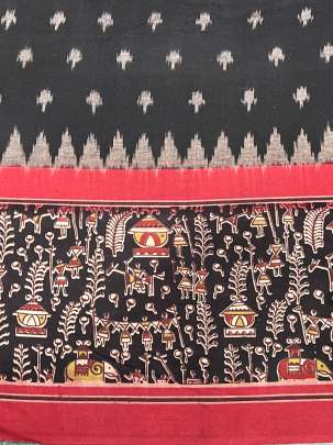 Ikkat with kalamkari border - Black/ Ikkat cotton 