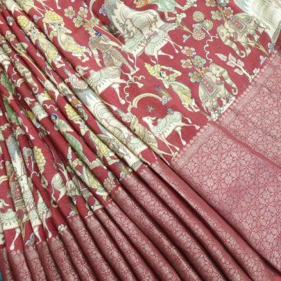 Kalamkari with copper zari banarasi border fabric/ Pure Banarasi fabrics