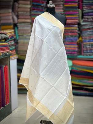 Katan silk with golden & silver zari butti duppata - White ( Dyeable )