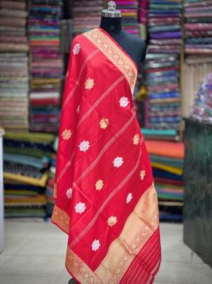 Katan silk with golden & silver zari butti duppata - Red/