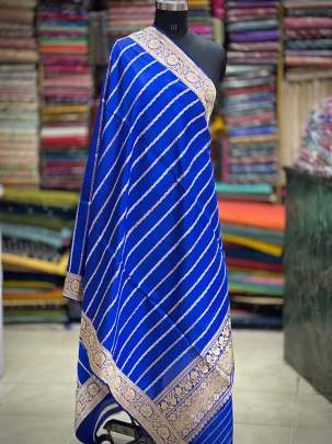 Katan silk with golden & silver zari butti duppata - Royal blue/ Banarasi Duppatas 