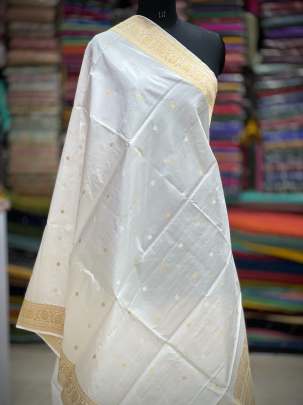 Katan silk with golden & silver zari butti duppata - White ( Dyeable ) Banarasi Duppatas 