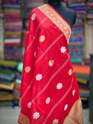 Katan silk with golden & silver zari butti duppata - Red/ Banarasi Duppatas 