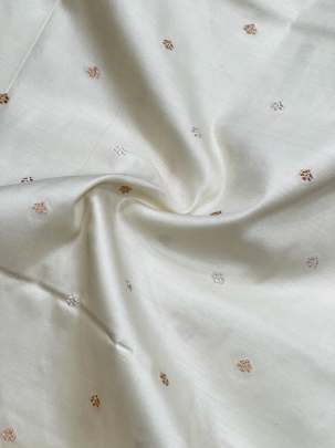 Katan silk with sona rupa zari butti - White ( Dyeable ) Katan Silk Fabrics