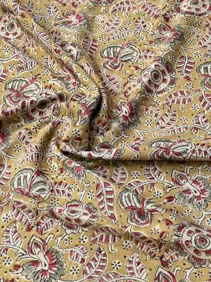 Khadi Cotton Organic Handblocked Kalamkari Prints Light Khakhi Green/ 