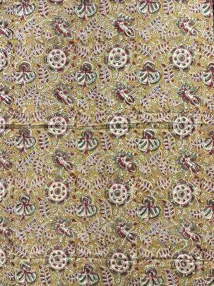 Khadi Cotton Organic Handblocked Kalamkari Prints Light Khakhi Green/ 