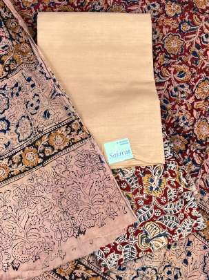 Khadi handblocked kalamkari suitpiece with mal duppata - Beiege/