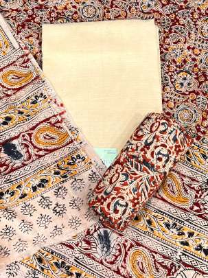 Khadi handblocked kalamkari suitpiece with mal duppata - Beiege/ 