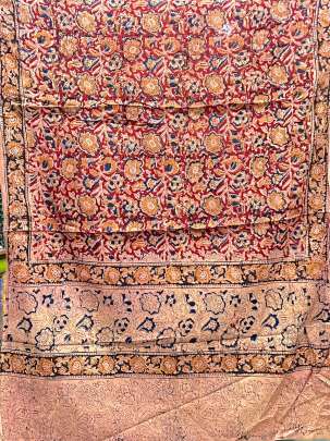 Khadi handblocked kalamkari suitpiece with mal duppata - Beiege/ 