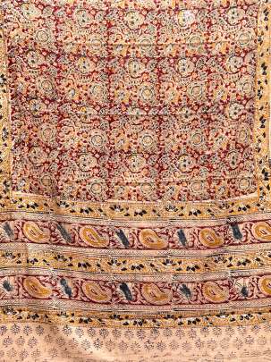 Khadi handblocked kalamkari suitpiece with mal duppata - Beiege/ 