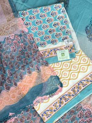 Lizibizi blockprinted suitpiece with pure chiffon crushew duppata - Aqua blue/ 