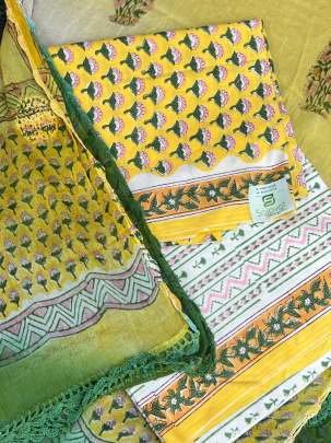 Lizibizi blockprinted suitpiece with pure chiffon crushew duppata - Yellow/ 