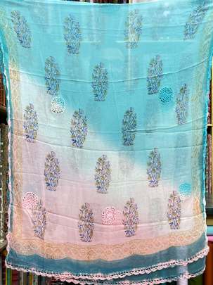 Lizibizi blockprinted suitpiece with pure chiffon crushew duppata - Sky blue/ 