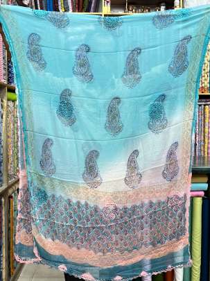 Lizibizi blockprinted suitpiece with pure chiffon crushew duppata - Aqua blue/ 