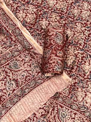 Maheshwari handblocked kalamkari top & duppata set - Maroon/ 