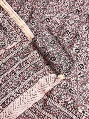 Maheshwari handblocked kalamkari top & duppata set - Grey/ 