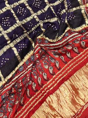 Modal silk gharchoda bandhej duppata with ajrakh palav- Dark purple/ 