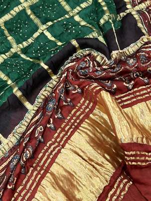 Modal silk gharchoda bandhej duppata with ajrakh palav- Green/